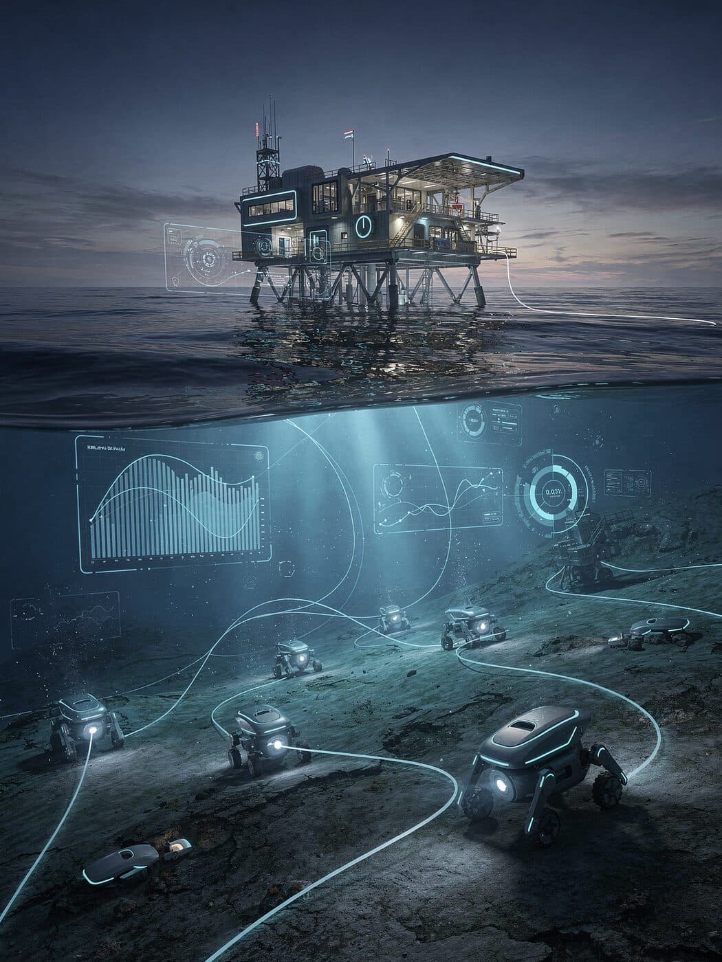 A Tekmara offshore platform above the surface and autonomous underwater vehicles operating on the seafloor below
