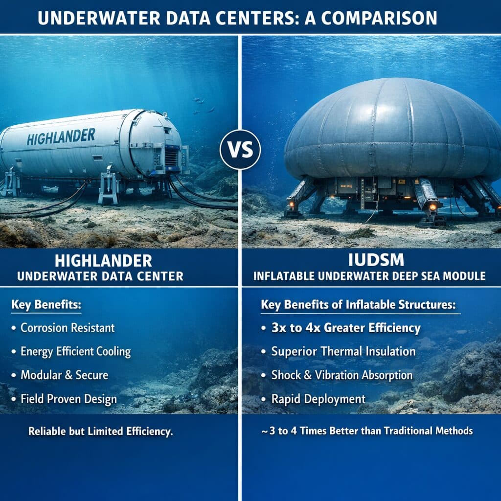 Comparison of the Highlander rigid underwater data center against Tekmara's Inflatable Underwater Deep Sea Module (IUDSM)